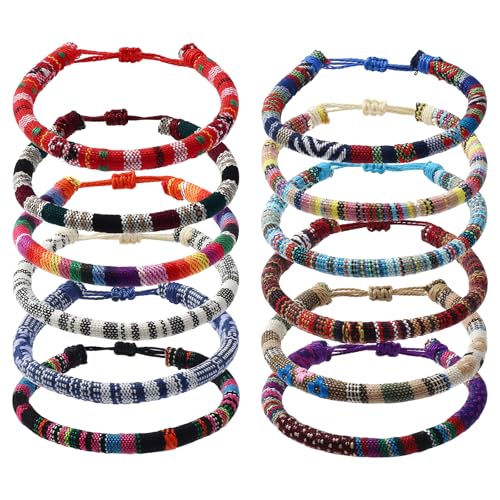 TONAUP Freundschaft Armbänder, 12 Stück Böhmische Gewebte Armbänder Handgefertigt Verstellbar Freundschaftsbänder, Multi Farbe Freundschaftsbänderr für Frauen Damen Herren Kinder Jungen von TONAUP