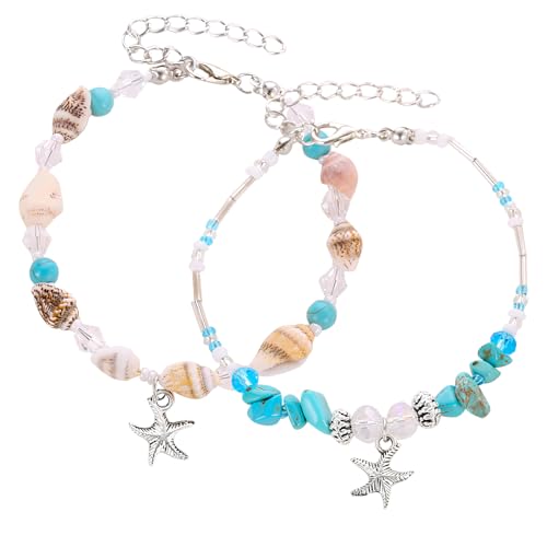 TONAUP Fußkettchen Damen, 2 Stück Boho Surfe Seestern Muschel Armbänder, Legierungen Fußkettchen Armband Verstellbare Fußkette Strand Fuß Schmuck von TONAUP