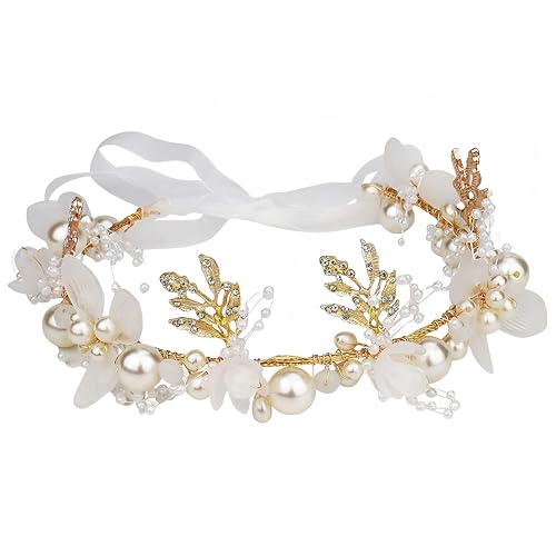 TONAUP Hochzeits Stirnband, Kommunion Blumenkranz Haare Stirnband, Weiß Kristall Perlen Haarband Haarkranz Kopfschmuck von TONAUP