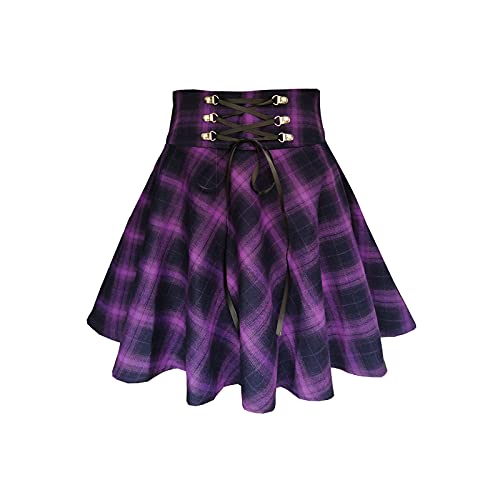 TONCHENGSD Damen Gothic Punk Plaid Plissee Hohe Taille Kurz A-Linie Flare Mini Rock, Lila kariert, Groß von TONCHENGSD