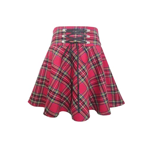 TONCHENGSD Damen Gothic Punk Plaid Plissee Hohe Taille Kurz A-Linie Flare Mini Rock, Rot kariert, X-Klein von TONCHENGSD