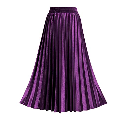 TONCHENGSD Damen High Elastic Waist Velvet Midi Lang Plissee Swing Rüschen Rock - Violett - Klein von TONCHENGSD