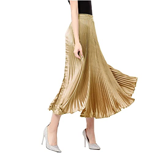 TONCHENGSD Damen Satin Metallic Plissee Akkordeon Lang Maxi Rock - Gold - Einheitsgröße von TONCHENGSD