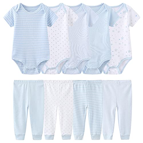 Chamie Baby Bodys Kurzarm Hose Bekleidungsset für Neugeborene Jungen und Mädchen Baumwolle Blau 0-3 Monate von Chamie