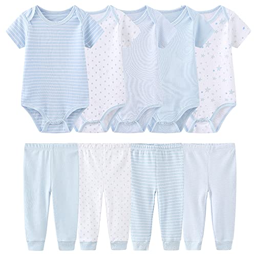 Chamie Baby Bodys Kurzarm Hose Bekleidungsset für Neugeborene Jungen und Mädchen Baumwolle Blau 6-9 Monate von Chamie