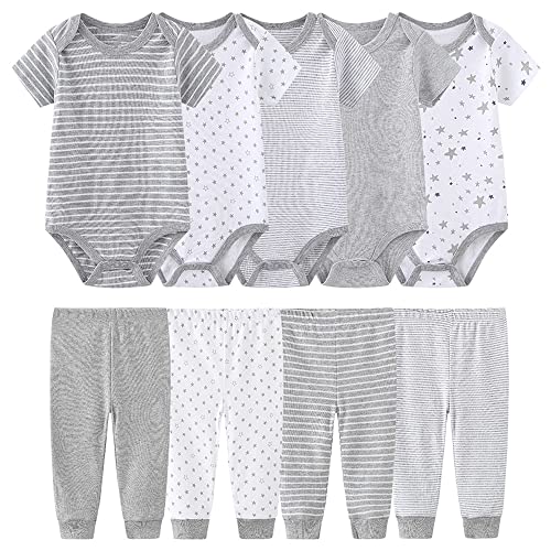 Chamie Bodys Kurzarm Hose Bekleidungsset für Neugeborene Jungen und Mädchen Baumwolle Grau 3-6 Monate von Chamie