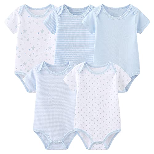 Chamie Bodys Kurzarm für Neugeborene Baby Jungen und Mädchen 0-3m/3-6m/6-9m/9-12m Baumwolle 5er Pack (Blau, 50) von Chamie