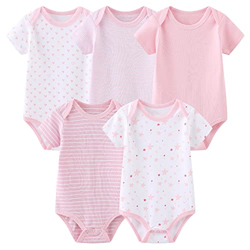 Chamie Bodys Kurzarm für Neugeborene Baby Jungen und Mädchen 0-3m/3-6m/6-9m/9-12m Baumwolle 5er Pack (rose, 50) von Chamie