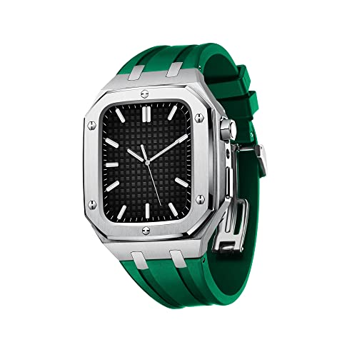 TONECY Herren und Damen, Militär-Metallgehäuse für iWatch Serie 7/SE/6/5/4, Business-Casual-Stil, Uhrenarmband, Silikonband, stoßfest, Stoßfänger für Apple Watch, 45 mm, 44 mm (Farbe: Silbergrün, von TONECY