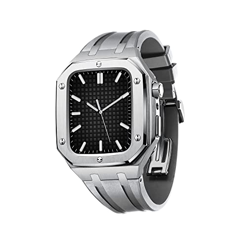 TONECY Herren und Damen, Militär-Metallgehäuse für iWatch Serie 7/SE/6/5/4, Business-Casual-Stil, Uhrenarmband, Silikonband, stoßfester Stoßfänger für Apple Watch, 45 mm, 44 mm (Farbe: Silbergrau, von TONECY