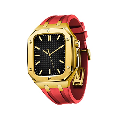 TONECY Herren und Damen, Militär-Metallgehäuse für iWatch Serie 7/SE/6/5/4, Business-Casual-Stil, Uhrenarmband, Silikonband, stoßfester Stoßfänger für Apple Watch, 45 mm, 44 mm (Farbe: Gold-Rot, von TONECY