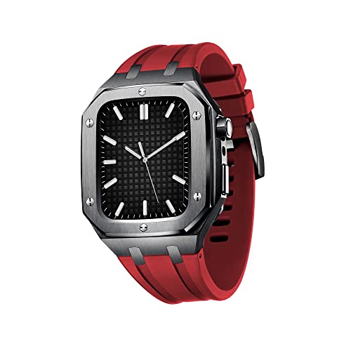 TONECY Herren und Damen, Militär-Metallgehäuse für iWatch Serie 7/SE/6/5/4, Business-Casual-Stil, Uhrenarmband, Silikonband, stoßfester Stoßfänger für Apple Watch, 45 mm, 44 mm (Farbe: Schwarz-Rot, von TONECY