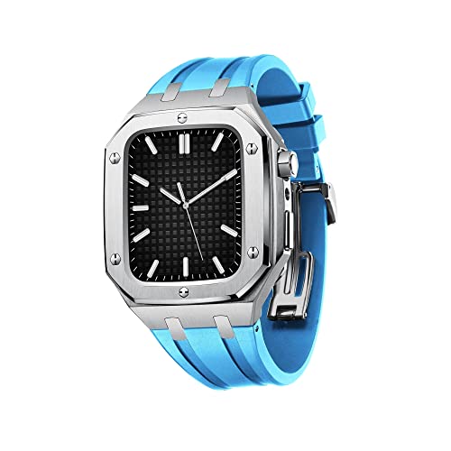 TONECY Herren und Damen, Militär-Metallgehäuse für iWatch Serie 7/SE/6/5/4, Business-Casual-Stil, Uhrenarmband, Silikonband, stoßfester Stoßfänger für Apple Watch, 45 mm, 44 mm (Farbe: Silber von TONECY