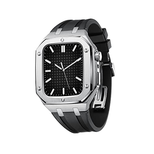 TONECY Metallgehäuse für Apple Watch 6, 44 mm, Silikonband für iWatch 8,7, 45 mm, 6, 5, 4, SE, 44 mm, Zubehör, Herren-Vollschutzhülle (Farbe: Silber-Schwarz, Größe: 44 mm für 6/5/4/SE) von TONECY