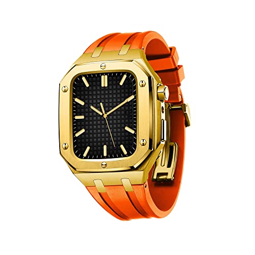 TONECY Metallgehäuse mit Band für Apple Watch 45 mm 44 mm mit Stoßfänger, robuste Herren-Schutzhülle aus Edelstahl mit Silikonband, Mod-Kit (Farbe: Gold-Orange, Größe: 44 mm für 6/5/4/SE) von TONECY