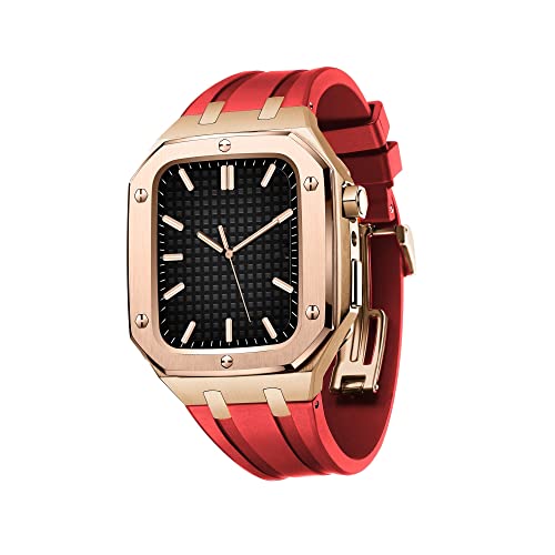 TONECY Uhrenarmband für Damen und Herren, Militär-Metallgehäuse für Apple Watch, 45 mm, 44 mm, mit Silikonband, stoßfester Stoßfänger für iWatch Serie 7/SE/6/5/4 (Farbe: Rosarot, Größe: 45 m) von TONECY