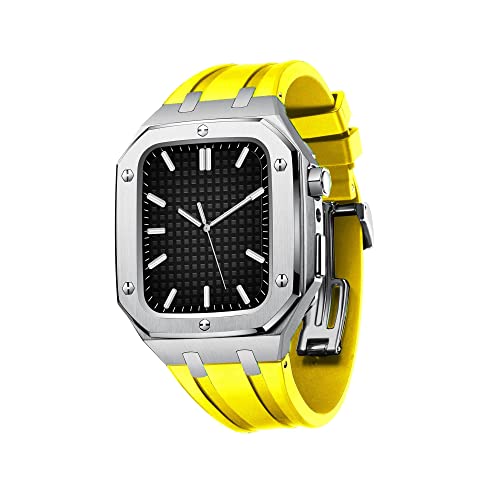 TONECY Uhrenarmband für Damen und Herren, Militär-Metallgehäuse für Apple Watch, 45 mm, 44 mm, mit Silikonband, stoßfester Stoßfänger für iWatch Serie 7/SE/6/5/4 (Farbe: Silbergelb, Größe von TONECY