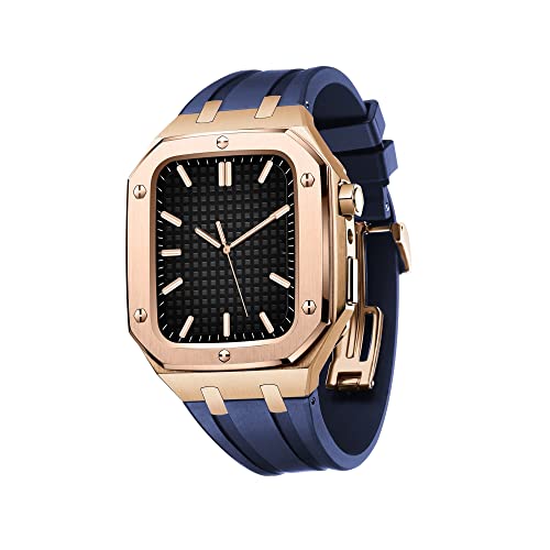 TONECY Uhrenarmband für Damen und Herren, militärisches Metallgehäuse für Apple Watch, 45 mm, 44 mm, mit Silikonband, stoßfester Stoßfänger für iWatch Serie 7/SE/6/5/4 (Farbe: Roséblau, Größe: 45) von TONECY