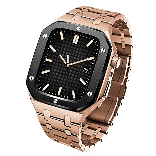 TONECY Uhrenarmband und Gehäuse-Armband für Apple Watch Serie 4, 5, SE, 6, 7, 8, 44 mm, 45 mm, 316L-Edelstahl, AP, Eichenholz-Stil, für Herren von TONECY