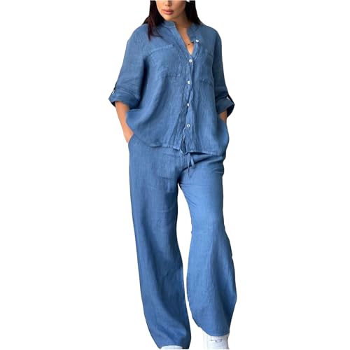 TONEDY Baumwoll-Leinen-Sets für Frauen 2 Pcs Outfits, Hosenanzug mit Weitem Bein, Lässige Lange Ärmel Leinenhosen Set mit Knopf(Style 1,L) von TONEDY