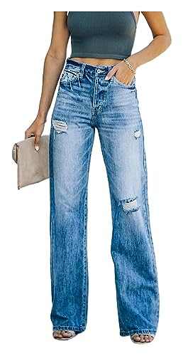 TONGFANG Jeans Für Damen Gerade Jeans Mit Weitem Bein Lässige Baggy Jeans Hoch Taillierte Denim Hosen (Color : Blue, Size : M) von TONGFANG