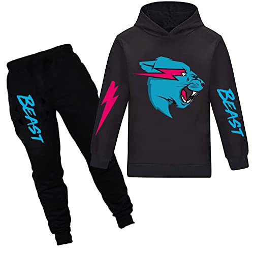 Mr Beast Jungen Hoodies YouTube Gamer Kleidung Set Lightning Cat Hoodie und Hose 2pcs/Sets Trainingsanzüge für Mädchen, Schwarz , 4-5 Years von TONGQUD