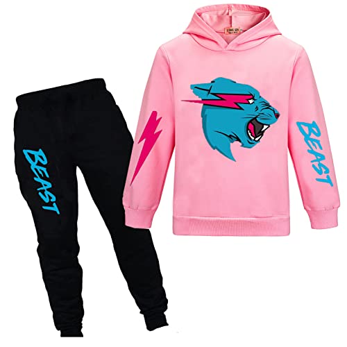TONGQUD Mr Beast Jungen Hoodies YouTube Gamer Kleidung Set Lightning Cat Hoodie und Hose 2pcs/Sets Trainingsanzüge für Mädchen, rose, 10-11 Years von TONGQUD
