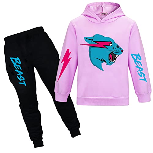 Mr Beast Jungen Hoodies YouTube Gamer Kleidung Set Lightning Cat Hoodie und Hose 2pcs/Sets Trainingsanzüge für Mädchen, violett, 10-11 Years von TONGQUD