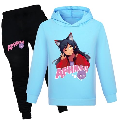 TONGQUD Mädchen Hoodie Cartoon Aphmau Sweatshirt Kinder Langarm Kleidung Set Casual Mode Grafik YouTube Pullover Hoody, himmelblau, 9-10 Years von TONGQUD