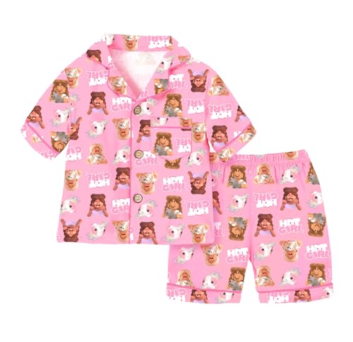 TONGQUD Schlafanzug für Mädchen, Baumwolle, kurzärmelig, Button-Down-Pyjama, Kinder-Nachtwäsche, Cartoon-Youtube-Spiel-Pyjama, Kleidung, rose, 10-11 Years von TONGQUD