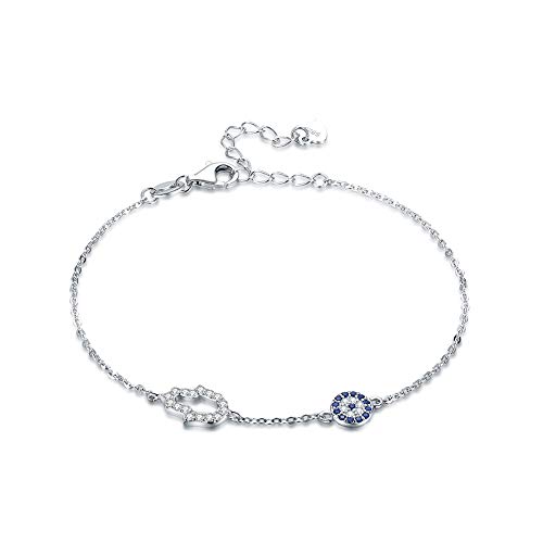 TONGZHE Blaues Armband Evil Eye Hamsa Hand der Fatima Sterling-Silber 925 Zirkonia Kette 6,5 Zoll + 1,5 Zoll, 8in, Stein, Kubischer Zirkonia von TONGZHE