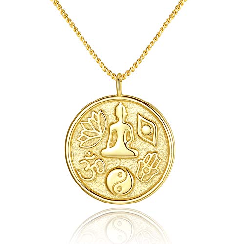 Halskette mit Anhänger Buddha Lotus Allah Taiji Hamsa Hand Böser Blick Sterlingsilber in 14 Karat Goldkette 40,6 - 43,2 cm - 45,7 cm von TONGZHE
