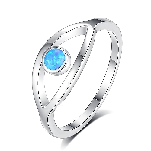 TONGZHE Blauer Opal Hamsa Evil Eye Ring 925 Sterlingsilber Bandring für Damen US Größe (8) von TONGZHE