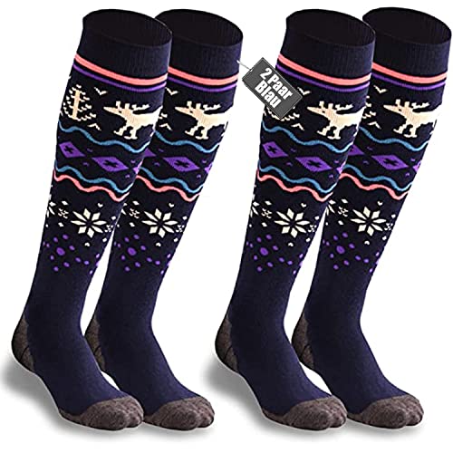 TONIFAY Skisocken Kinder Kniestrümpfe skistrümpfe 2 PaarMerino wolle Sportsocken Warme Wintersocken Für Mädchen Jungen (DE/NL/SE/PL, Numerisch, 30, 35, Regular, Regular, Violett/Blau) von TONIFAY