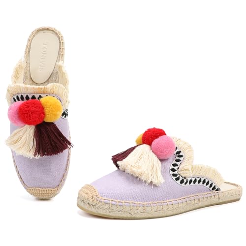 TONIVIS Damen Mule Flache Schuhe mit Quaste & Pompom, Bequeme Canvas Espadrilles Slides Backless Slipper Slip On Loafer Schuhe, Violett, 10 US von TONIVIS