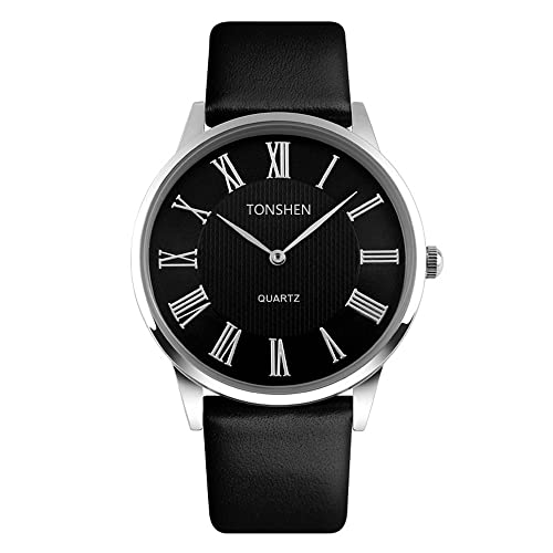 TONSHEN Analog Quarz Uhr Silber Edelstahl Schale Schwarz Lederband 7MM Zifferblatt Quarzuhr Damen Armbanduhr (Herren) von TONSHEN