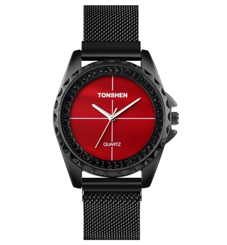 TONSHEN Damen Analog Quarz Uhren Edelstahl Armbanduhr (Rot) von TONSHEN