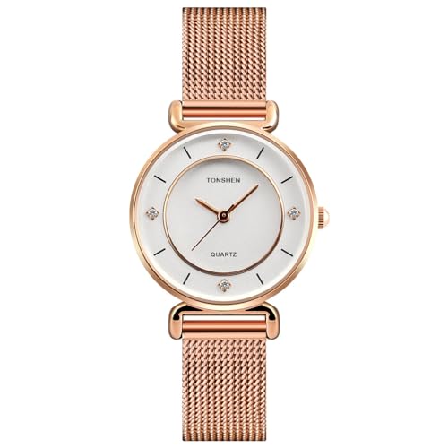 TONSHEN Damen Analog Quarz Uhren Edelstahl und Lederband Einfacher Stil Kristallskala Armbanduhr (Edelstahl Rose) von TONSHEN