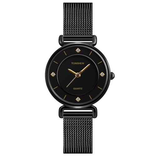 TONSHEN Damen Analog Quarz Uhren Edelstahl und Lederband Einfacher Stil Kristallskala Armbanduhr (Edelstahl Schwarz) von TONSHEN