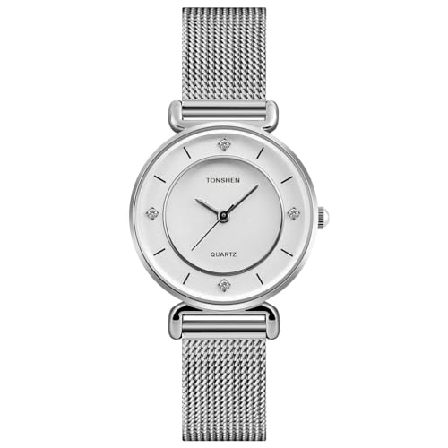 TONSHEN Damen Analog Quarz Uhren Edelstahl und Lederband Einfacher Stil Kristallskala Armbanduhr (Edelstahl Silber) von TONSHEN