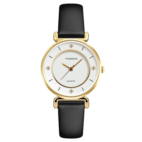 TONSHEN Damen Analog Quarz Uhren Edelstahl und Lederband Einfacher Stil Kristallskala Armbanduhr (Leder Gold) von TONSHEN