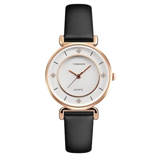 TONSHEN Damen Analog Quarz Uhren Edelstahl und Lederband Einfacher Stil Kristallskala Armbanduhr (Leder Rose) von TONSHEN
