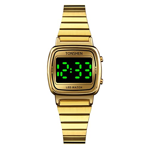 TONSHEN Damen Digital Uhren Berühren Beleuchtung LED Elektronik Beleuchtung Edelstahl Armbanduhr (Gold) von TONSHEN