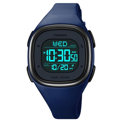 TONSHEN Damen Digitaluhr Sportuhr Outdoor Militär Uhren Multifunktional Wasserdicht LED Elektron Licht Armbanduhr Plastik Lünette und Kautschuk Band (Blau) von TONSHEN