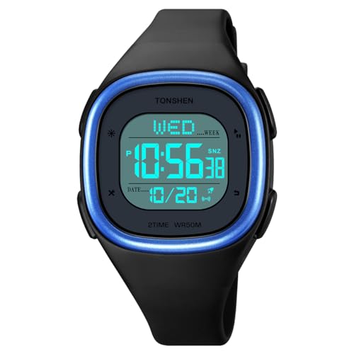 TONSHEN Damen Digitaluhr Sportuhr Outdoor Militär Uhren Multifunktional Wasserdicht LED Elektron Licht Armbanduhr Plastik Lünette und Kautschuk Band (Blau Schwarz) von TONSHEN