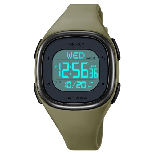 TONSHEN Damen Digitaluhr Sportuhr Outdoor Militär Uhren Multifunktional Wasserdicht LED Elektron Licht Armbanduhr Plastik Lünette und Kautschuk Band (Grün) von TONSHEN