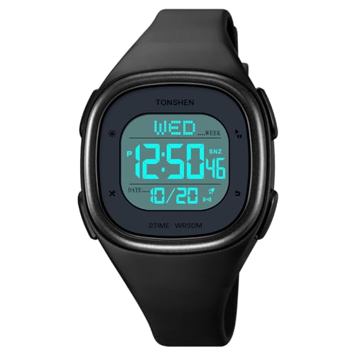 TONSHEN Damen Digitaluhr Sportuhr Outdoor Militär Uhren Multifunktional Wasserdicht LED Elektron Licht Armbanduhr Plastik Lünette und Kautschuk Band (Schwarz) von TONSHEN