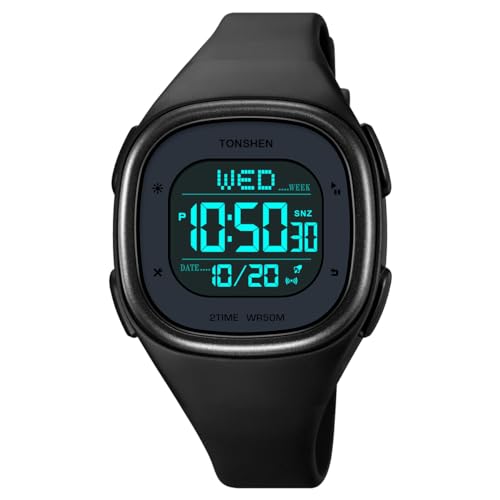 TONSHEN Damen Digitaluhr Sportuhr Outdoor Militär Uhren Multifunktional Wasserdicht LED Elektron Licht Armbanduhr Plastik Lünette und Kautschuk Band (Schwarz 2) von TONSHEN