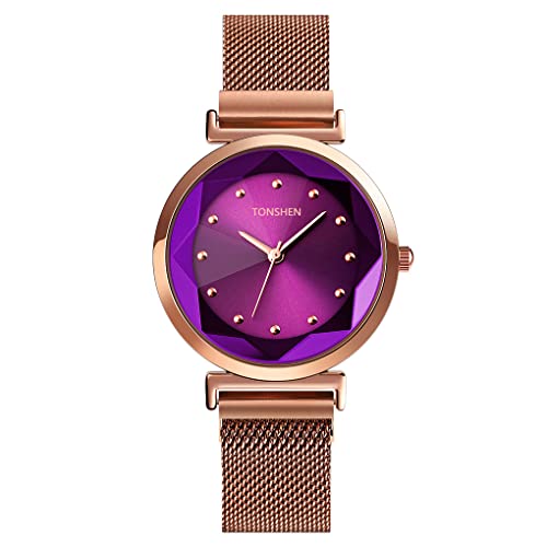 TONSHEN Damen Edelstahl Uhr Elegant Analog Quarz Uhren Fashion Kristall Armbanduhr (Violett) von TONSHEN