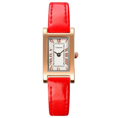 TONSHEN Damen Fashion Analog Quarz Uhren Elegant Rechteck Edelstahl Lünette mit Leder Band Armbanduhr (Rot) von TONSHEN